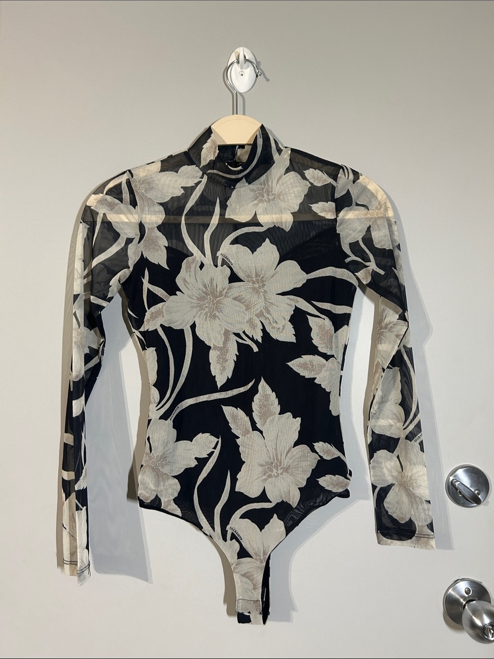 AllSaints Black Sheer Floral Long-Sleeve Bodysuit